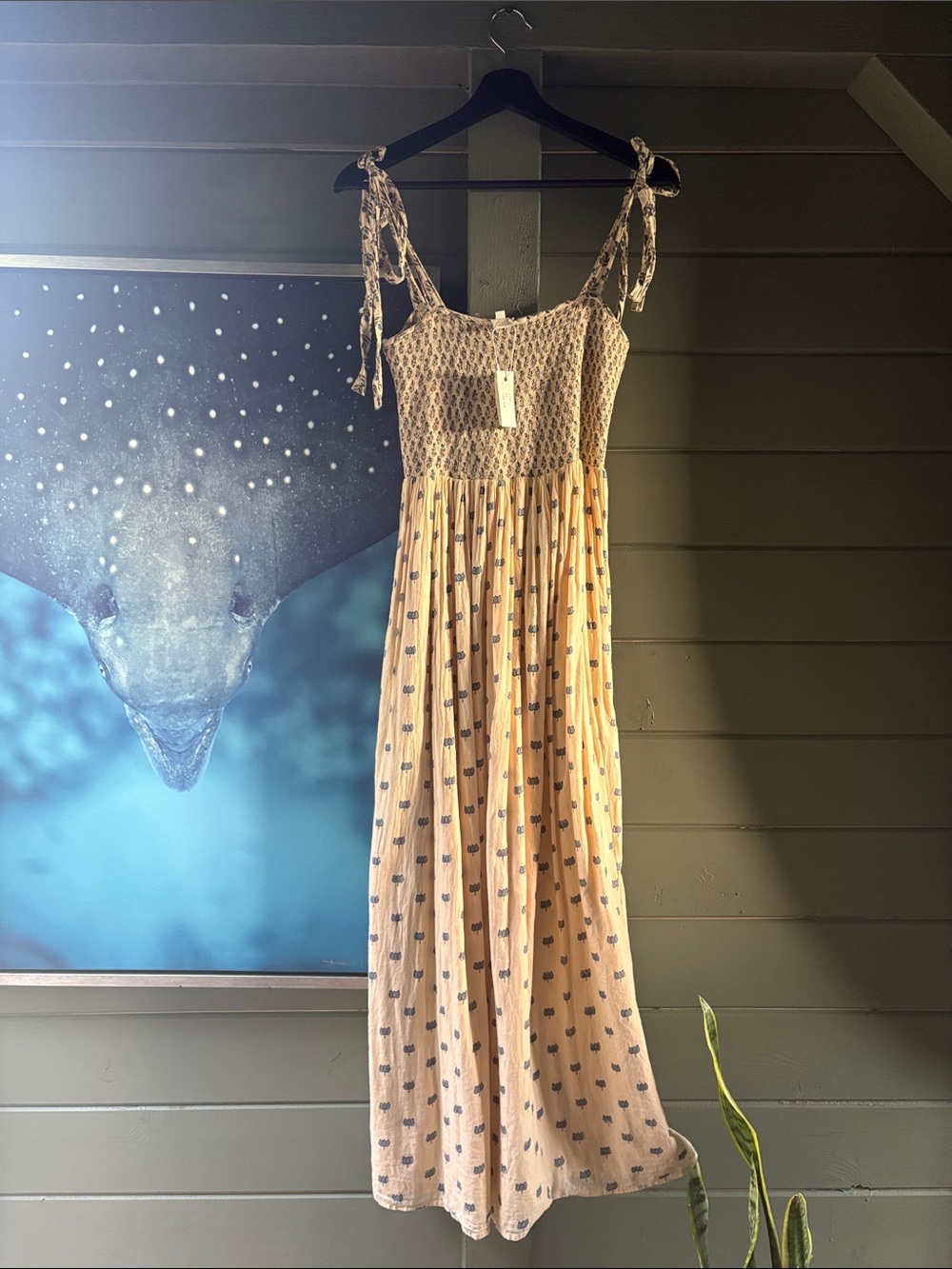 Smocked Tie-Strap Maxi Dress in Pale Yellow with Navy Motif